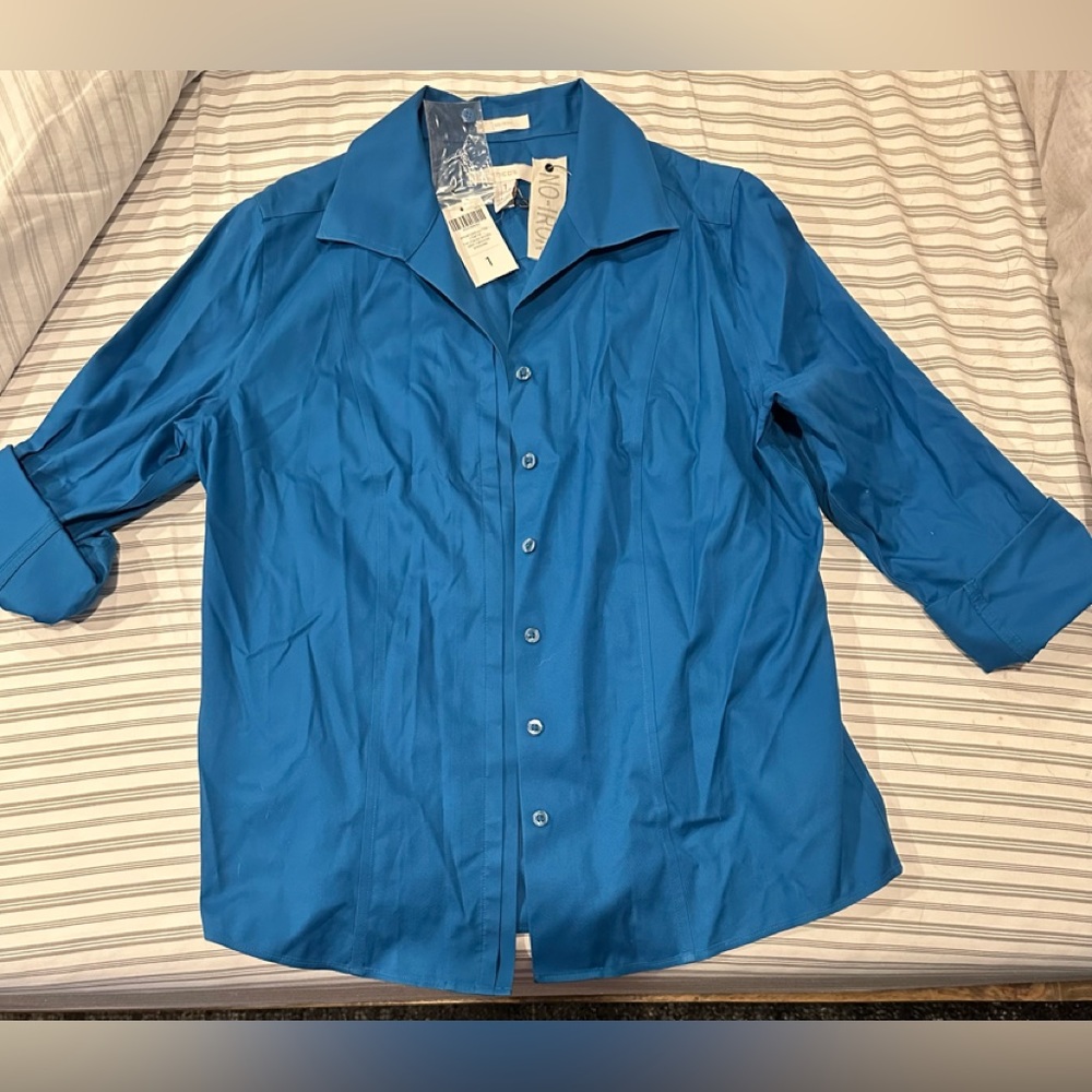 Chico's Blue Button Front Blouse Top Long Sleeve Cotton -Chicos Size 1